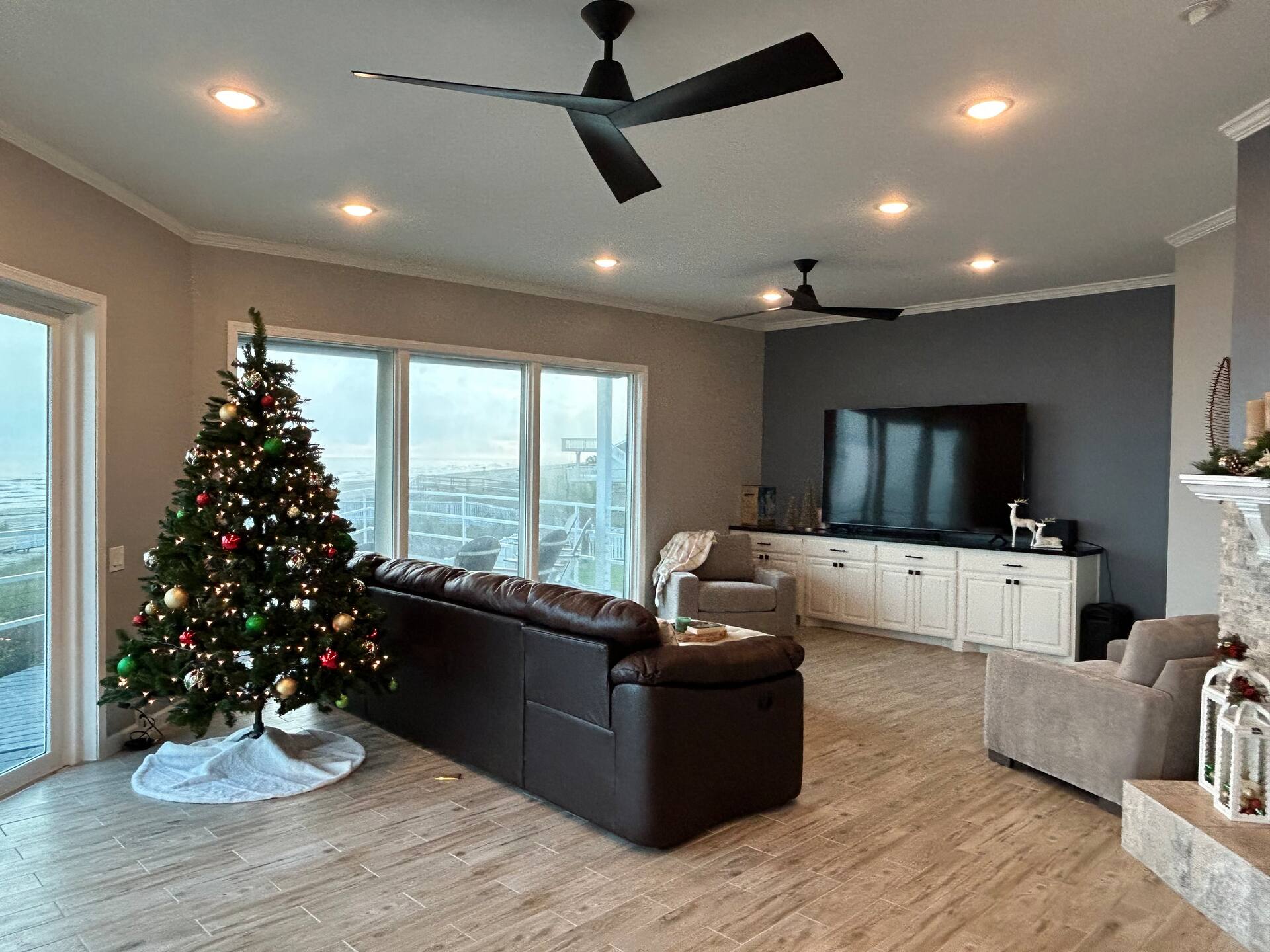 Living room at Blue Oasis with coastal views